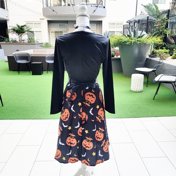 Little Black ✦ Halloween Pumpkin Dress ✦ Ribbon Belt Scalloped Sweetheart M - Picture 6 of 16